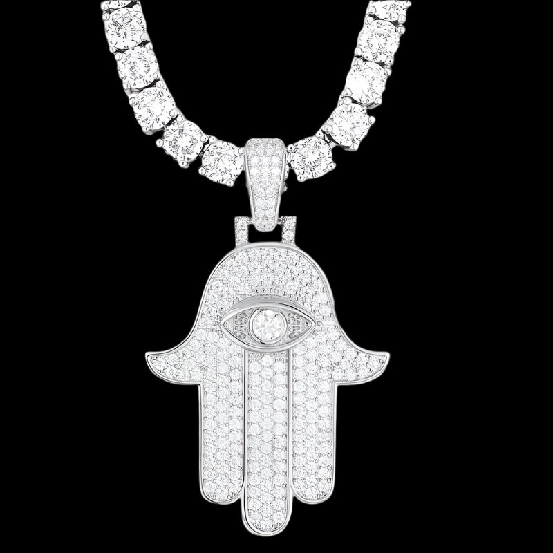 Dropshipping Fine Jewelry 925 Sterling Silver VVS Moissanite Bling Iced Out Evil Eye Hamsa Hand Pendant for Men Women