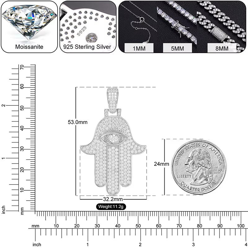 Dropshipping Fine Jewelry 925 Sterling Silver VVS Moissanite Bling Iced Out Evil Eye Hamsa Hand Pendant for Men Women
